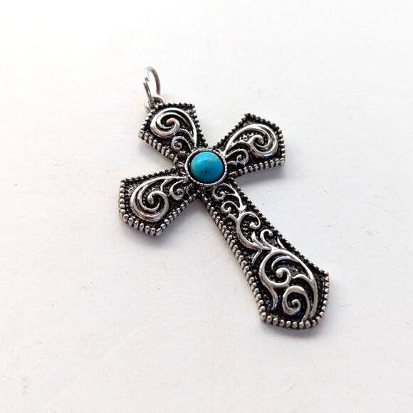 Southwestern Silver Tone Ornate Scrolling Floral Faux Turquoise Cross Pendant - Picture 1 of 3